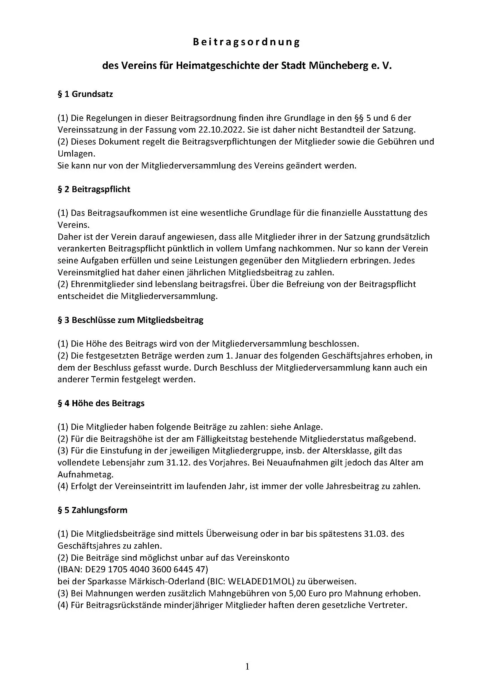 Seite 1 der Beitragsordnung